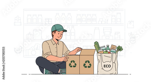 Eco Friendly Grocery Packaging and Recycling Lifestyle Flat Vector Illustration