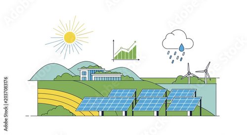 Renewable Energy Landscape with Solar Panels and Wind Turbines Illustration