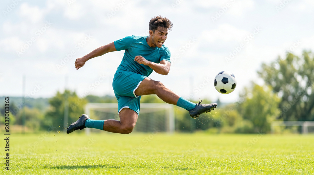 Naklejka premium Player kicking soccer ball mid-air on green field during daytime 