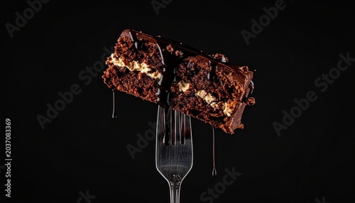 Rich Chocolate Cake Slice Held on Fork Against Moody Dark Background