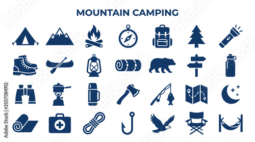 Fotografie Mountain Camping Icons Set representing outdoor adventure gear and activities li