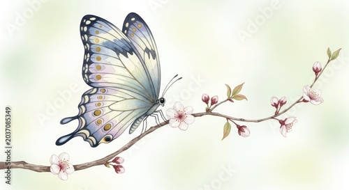 Blue butterfly on cherry blossom branch watercolor illustration.