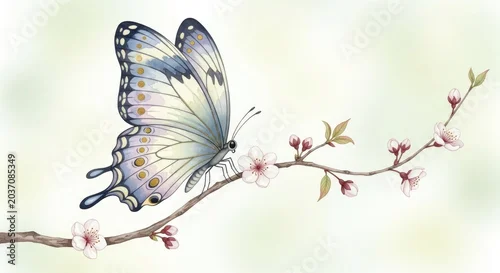 Obraz Blue butterfly on cherry blossom branch watercolor illustration.