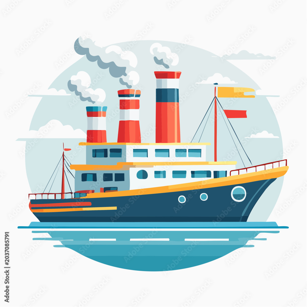 Fototapeta premium Steamboat illustration with smoke stacks and flags