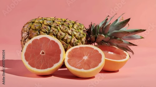 Tropical Fruits Still Life with Pineapple and Grapefruit Halves on Pink Background