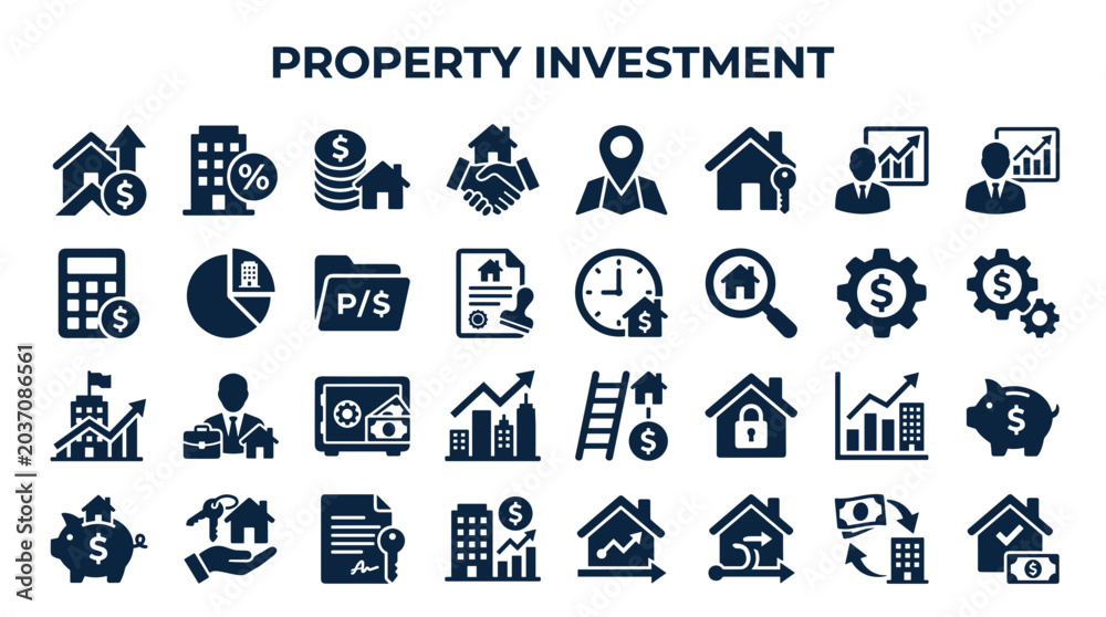 Fototapeta premium Property Investment Icons Set Real Estate Business Finance Growth Success Strategy Planning Management Icons Collection