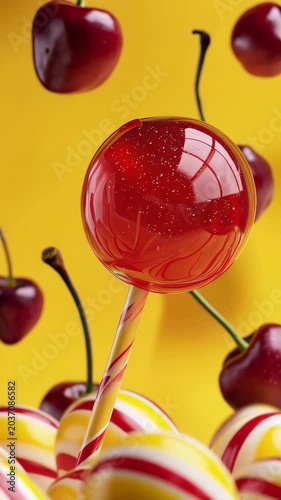 Glossy Red Cherry Lollipop Surrounded by Floating Fresh Cherries