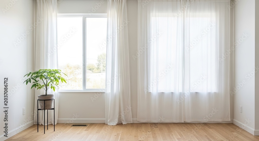Fototapeta premium Bright empty room interior with large windows and plant.