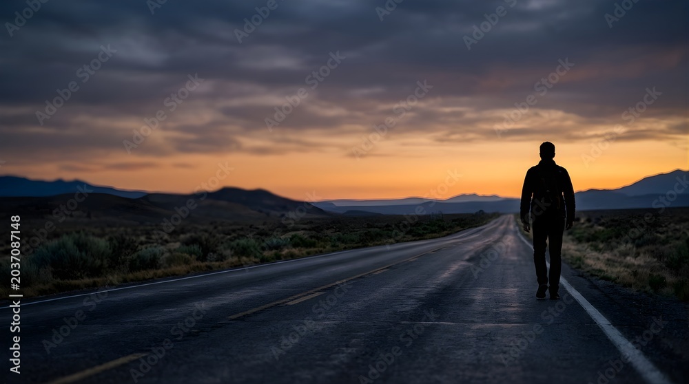 Obraz premium Man walking alone on a deserted road toward mountains at golden sunset