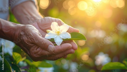 Elderly hands gently cradle a delicate white flower and green leaf in warm golden sunlight