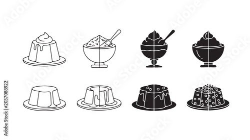 Black And White Dessert Icons Including Pudding And Ice Cream For Food Concepts