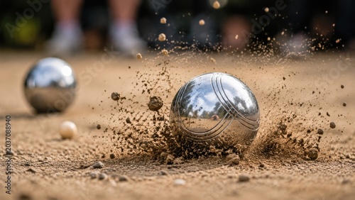 Metal boules striking dirt during outdoor petanque game