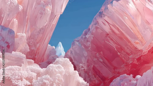 Surreal Landscape of Giant Pink Quartz Crystals under Blue Sky