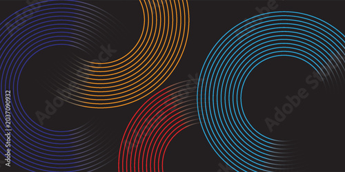 Abstract Black Background with Colorful Neon Concentric Circular Lines