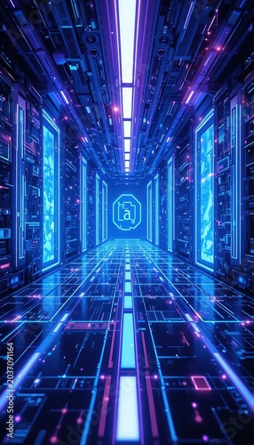 3D Render of Futuristic Neon Blue and Purple Circuit Board Data Stream Background Representing Cyberspace and Cyber Security