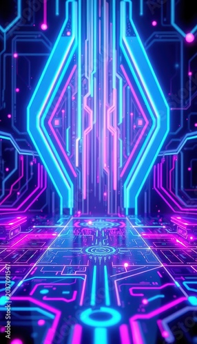 3D Render of Futuristic Neon Blue and Purple Circuit Board Data Stream Background Representing Cyberspace and Cyber Security