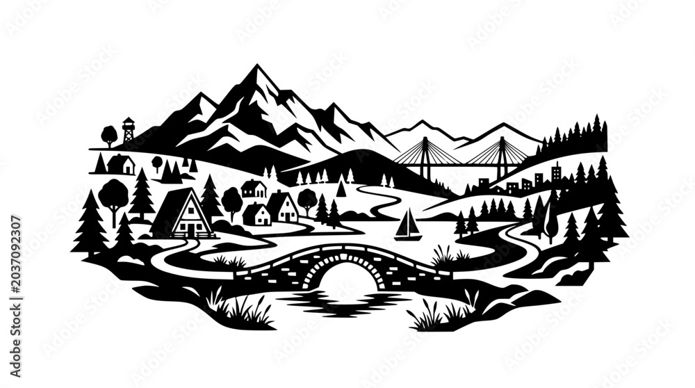 Fototapeta premium Black and white scenic mountain landscape with village, bridges, and river vector illustration
