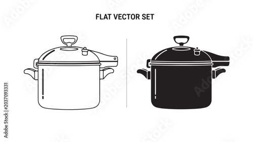 Pressure Cooker Flat Vector Set Line Art And Solid Black For Cooking Illustration