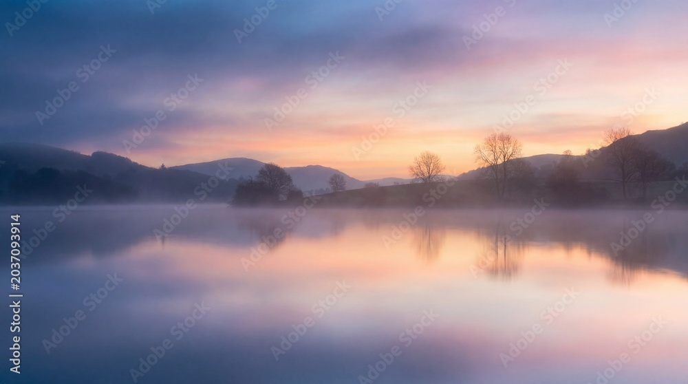 Obraz premium Dreamy atmosphere takes over at twilight concept. Serene lake at dawn, reflecting soft colors and misty hills.