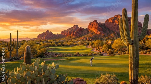 Mountains and cactus at golf course sunset concept. Serene golf course at sunset with mountains and cacti in view.