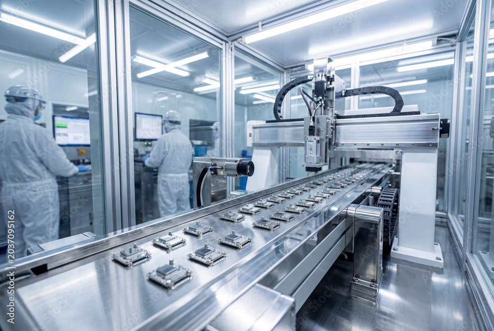 Obraz premium Automated assembly line conveying electronic components in a high tech cleanroom factory setting