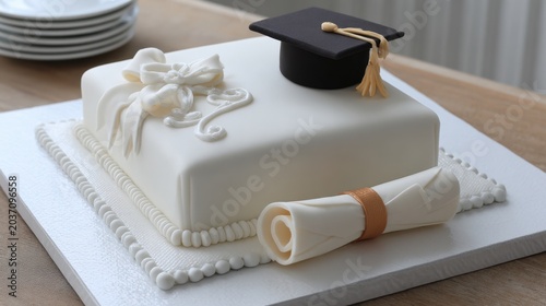 Elegant white fondant graduation cake with mortarboard and diploma decoration
