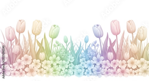 Pastel rainbow flower border featuring tulips and spring blossoms on white backdrop.