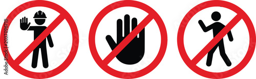 No entry and do not enter warning sign icon set vector illustration featuring red prohibition circles with pedestrian hand and construction worker silhouettes.