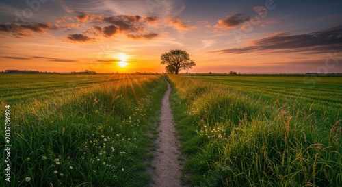 Narrow dirt path winding through green fields at sunset