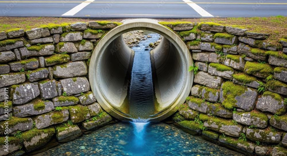 Fototapeta premium Large circular concrete drainage pipe integrated into a stone embankment under a suburban street, managing water runoff and creek flow, passage, environmental, suburban