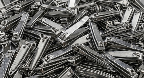 A large pile of metal nail clippers scattered in a chaotic heap representing bulk manufacturing production and industrial beauty care grooming tool supply
