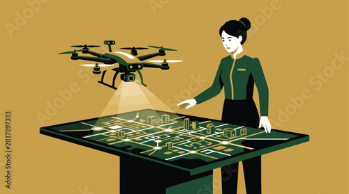 Woman using drone technology to analyze city map and urban planning