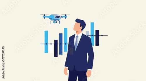 Businessman with drone and stock market graph illustration