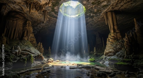 Sunbeams shining through a sinkhole into a deep mystical cave