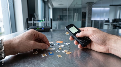 Person inserting a SIM card into a mobile phone for fraudulent telecommunications activities