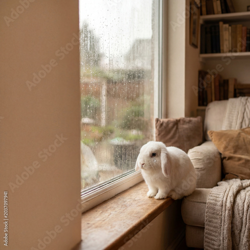 White rabbit sitting on a windowsill in a cozy home interior by a large window