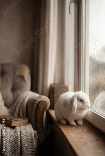 White rabbit sitting by a window in a cozy living room with soft natural light