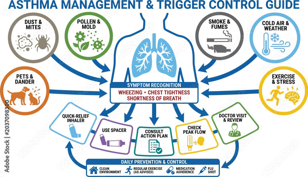 Fototapeta premium Asthma management guide illustrates symptom recognition and trigger control strategies for maintaining respiratory health and daily prevention.