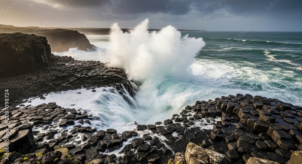 Fototapeta premium Ocean waves crashing against basalt rocks under dramatic sunset sky