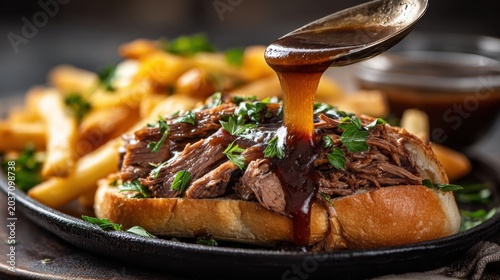 Spoon drizzling rich brown gravy over open-faced shredded beef sandwich with fries