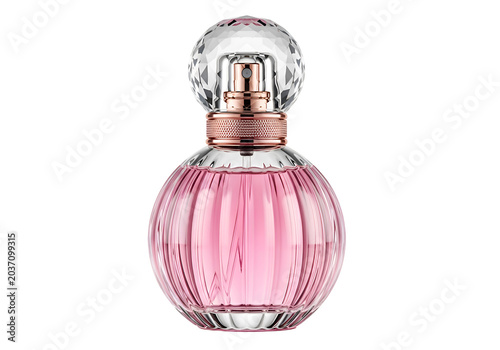 Elegant pink perfume bottle with faceted glass design on white background on white background , Isolated on Transparent Background, PNG, Generative AI