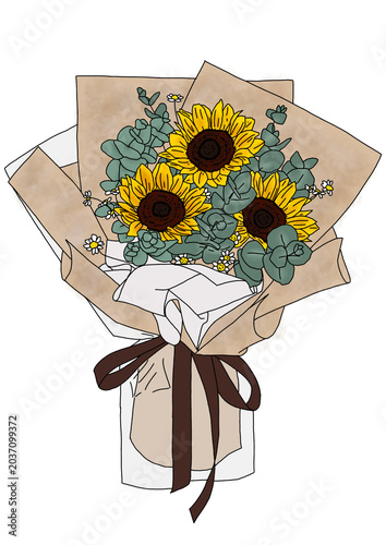 Bild auf Leinwand A beautiful hand-drawn digital illustration of a rustic flower bouquet featuring three vibrant yellow sunflowers, fresh eucalyptus leaves, and tiny white daisies