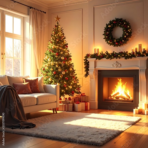 Cozy living room with Christmas tree.