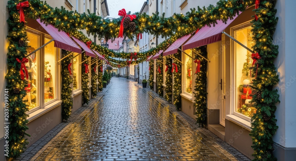Fototapeta premium A charming cobblestone street glows with festive golden lights and vibrant pine garlands draped over storefronts during the winter season, architectural, noel, evening
