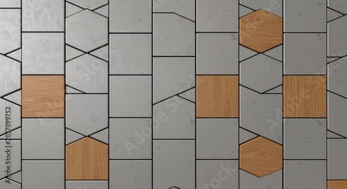 Geometric Abstract Pattern: Wood and Concrete Tiles with Hexagon and Square Shapes