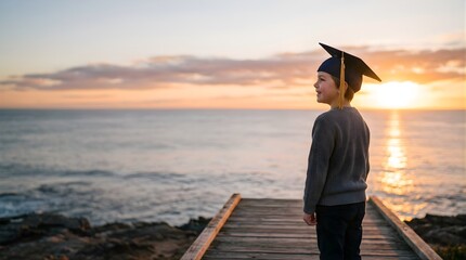 Young boy wearing graduation cap looking at the ocean during sunset