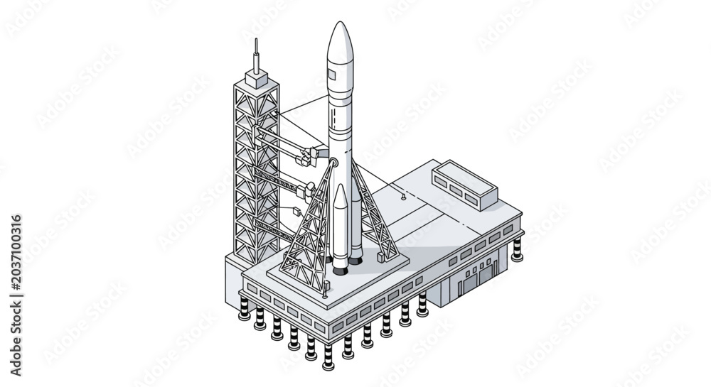 Fototapeta premium Isometric illustration of a rocket launchpad.