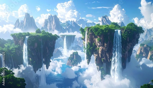 Fantasy landscape with floating islands waterfalls.