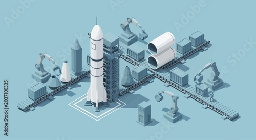 Isometric illustration of a space rocket launch site with industrial facilities.