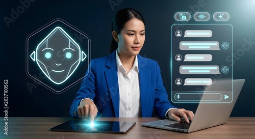 Asian businesswoman interacting with AI chatbot assistant using holographic chat interface for conversational AI customer support and intelligent virtual assistant technology platform and tool